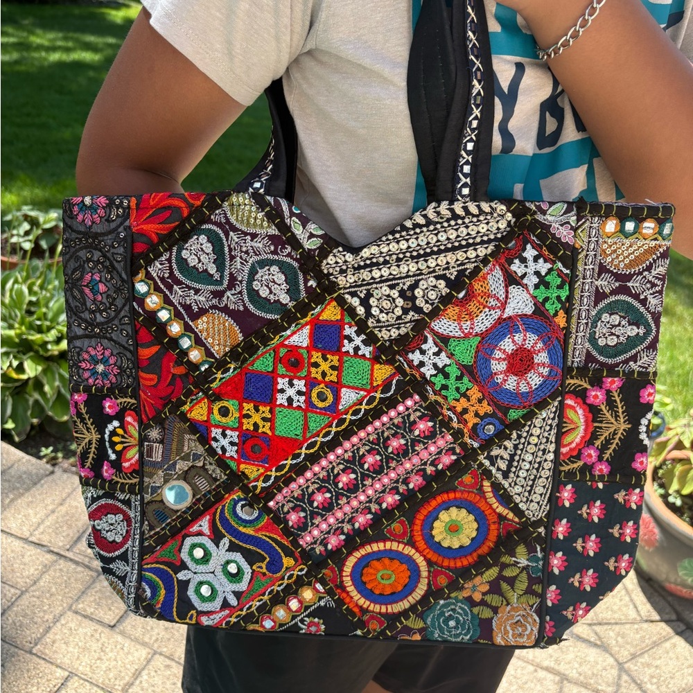 Black Colorful Patchwork Tote Bag with zip and inside pocket, handmade, cotton